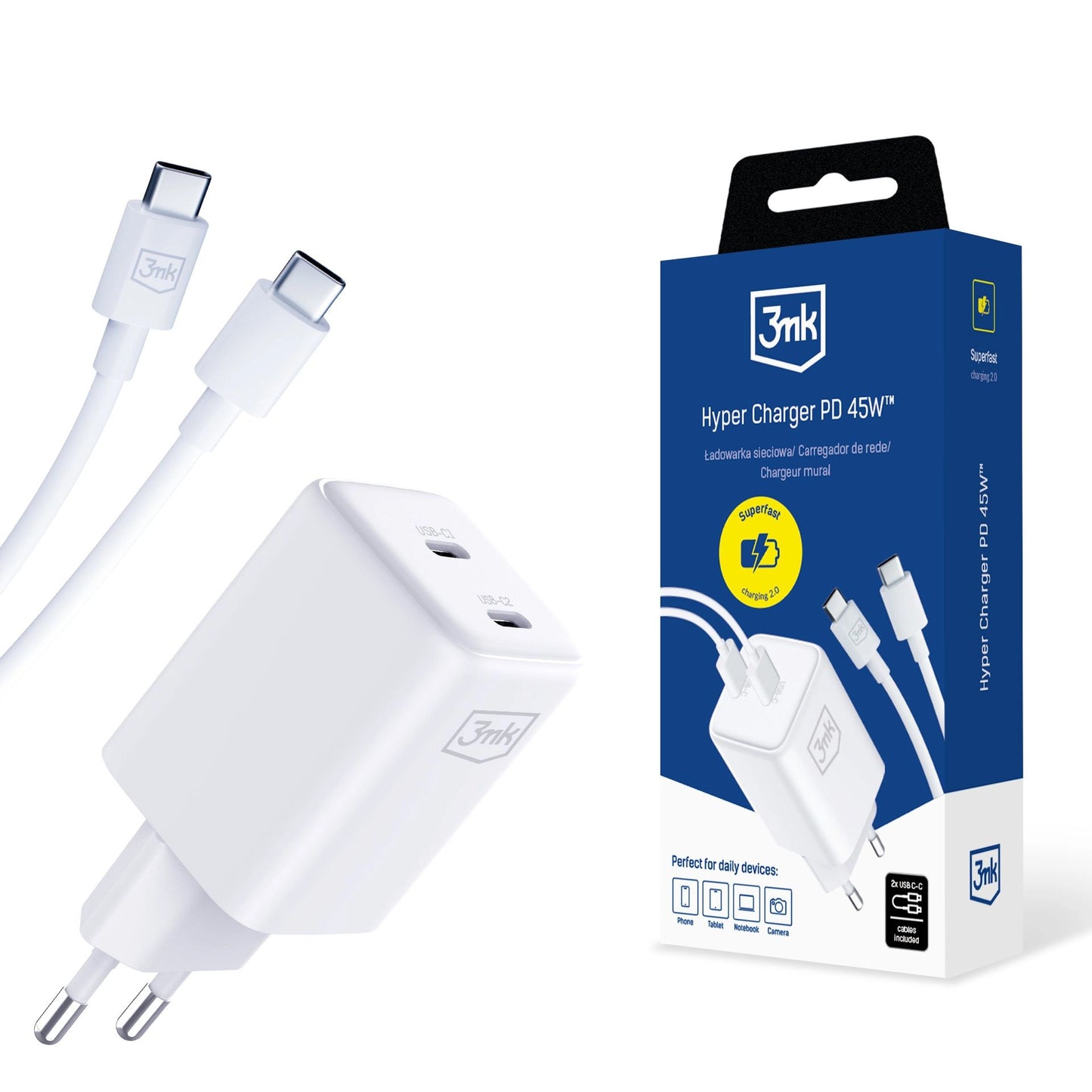 3MK HyperCharger Netwerkoplader met USB-C kabel, 45W, 3A, 2 x USB-C, Wit 