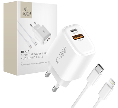 Netlader met Lightning-kabel Tech-Protect NCA20, 20W, 3A, 1 x USB-A - 1 x USB-C, Wit