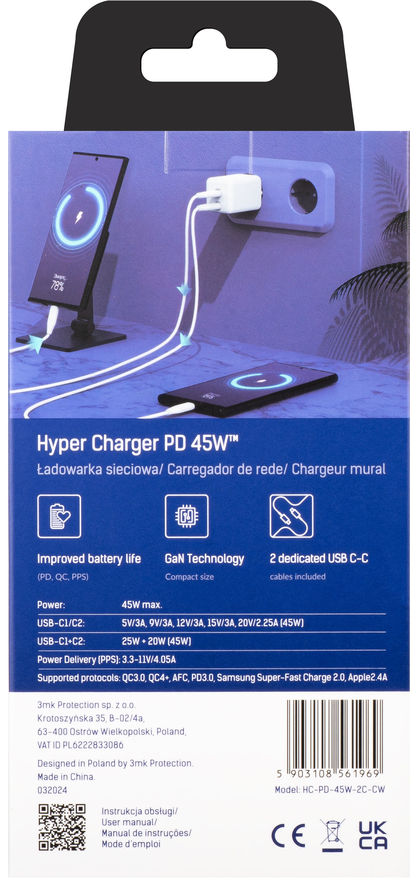 3MK HyperCharger Netwerkoplader met USB-C kabel, 45W, 3A, 2 x USB-C, Wit 