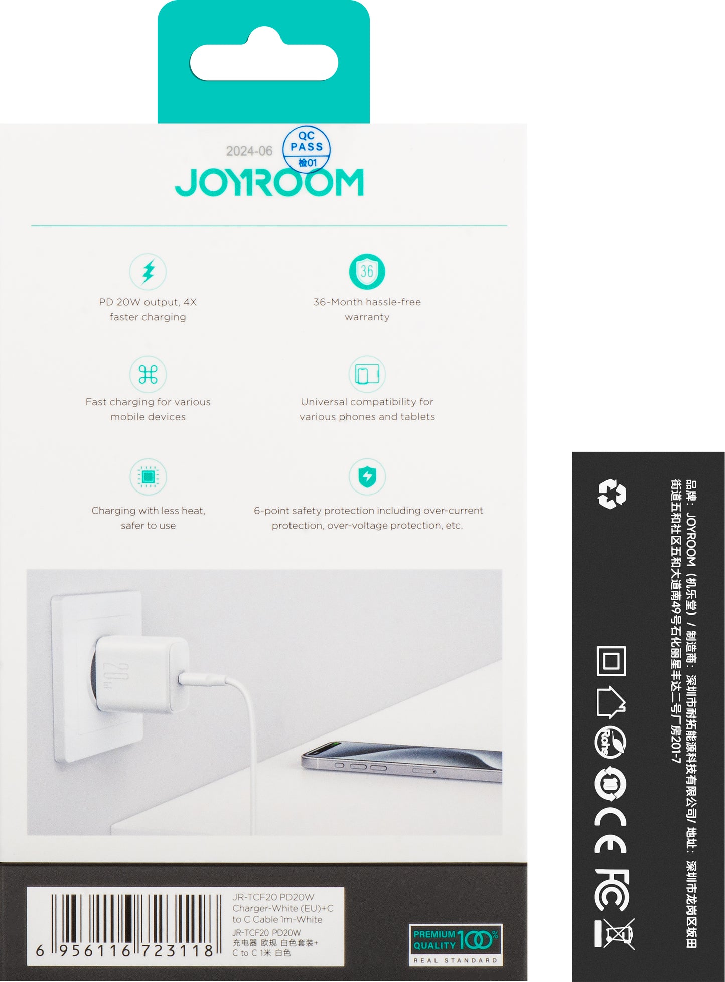 Chargeur réseau avec câble USB-C Joyroom JR-TCF20, 20W, 3A, 1 x USB-C, Blanc