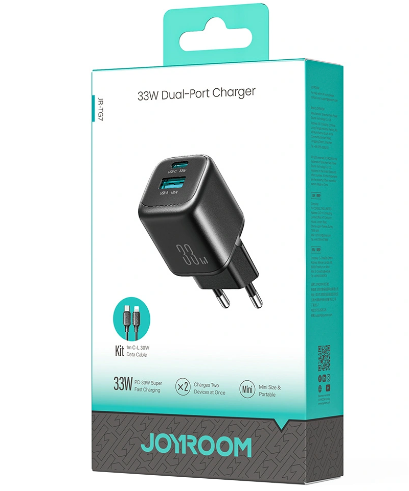 Chargeur réseau avec câble Lightning Joyroom JR-TG7, 33W, 3A, 1 x USB-A - 1 x USB-C, Noir