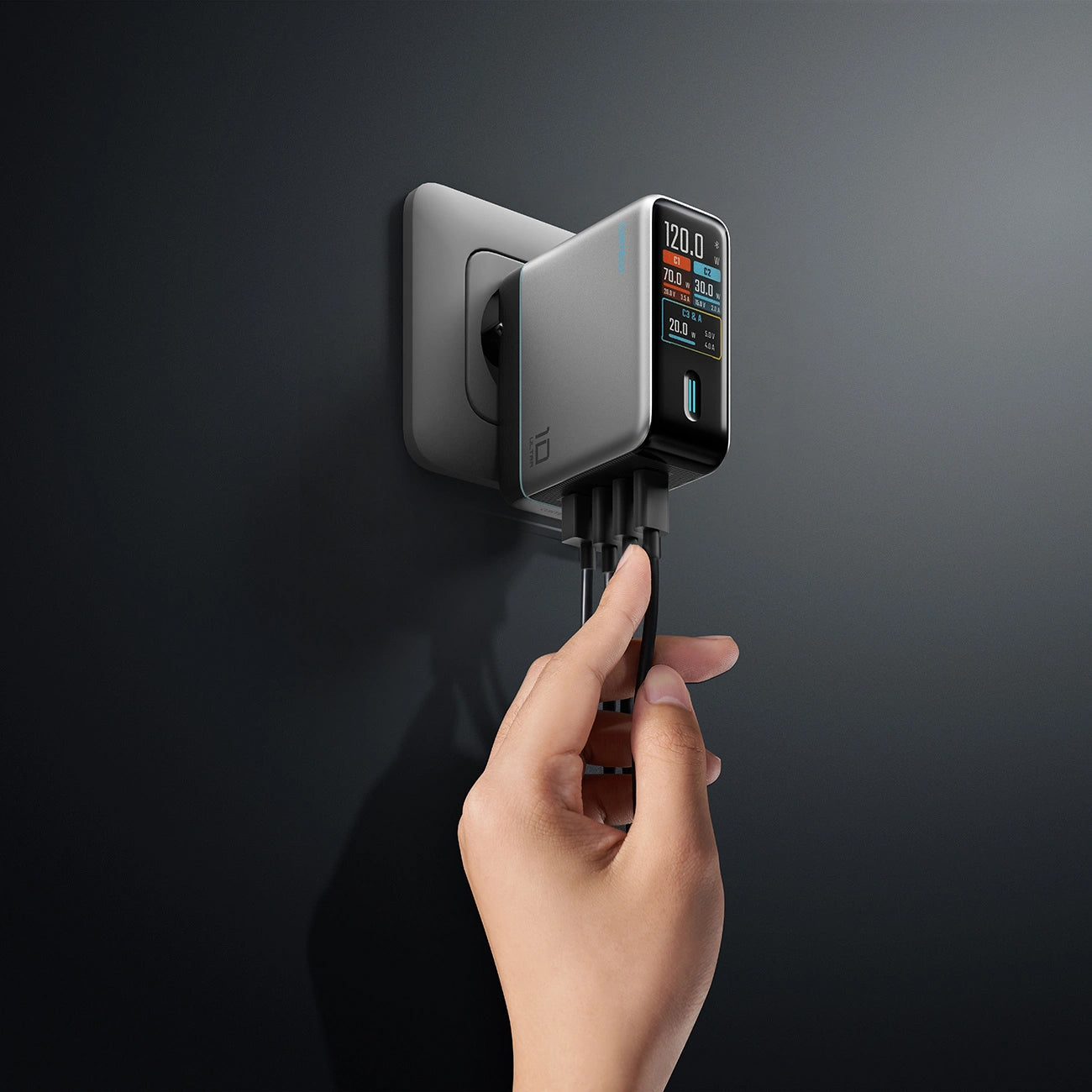 Netlader met USB-C-kabel Cuktech AD1204U Display, 120W, 6A, 1 x USB-A - 2 x USB-C, Zilver
