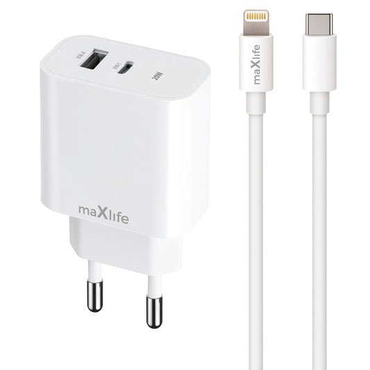 MaXlife MXTC-06-20AC MaXlife MXTC-06-20AC Netwerkoplader met Lightning-kabel, 20W, 3A, 1 x USB-A - 1 x USB-C, Wit 