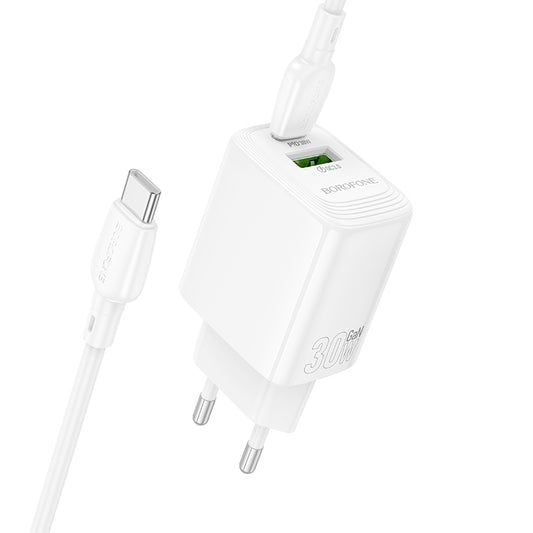 Chargeur réseau avec câble USB-C Borofone BN29 Fuente, 30W, 3A, 1 x USB-A - 1 x USB-C, Blanc