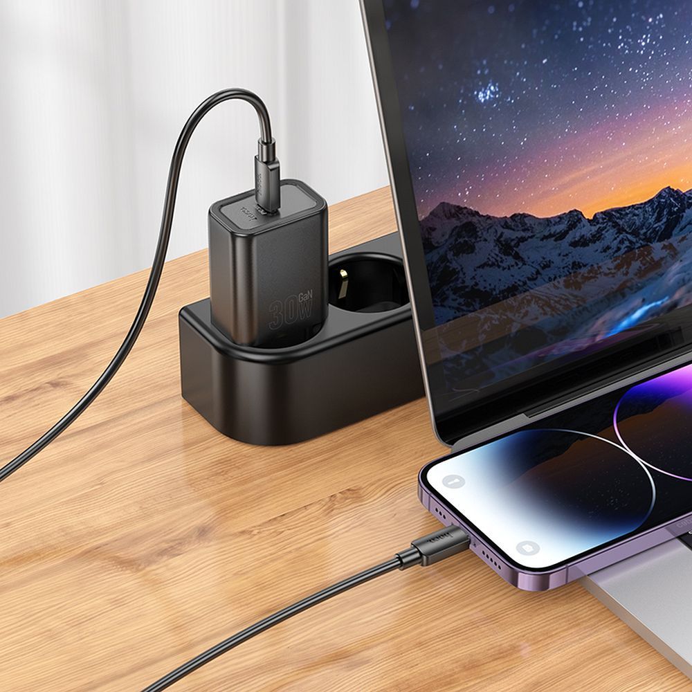 Netwerkoplader met Lightning-kabel HOCO N62, 30W, 3A, 1 x USB-C, Zwart