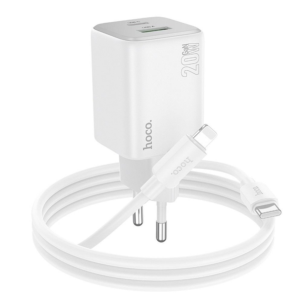 Chargeur réseau avec câble Lightning HOCO N41, 20W, 3A, 1 x USB-A - 1 x USB-C, Blanc