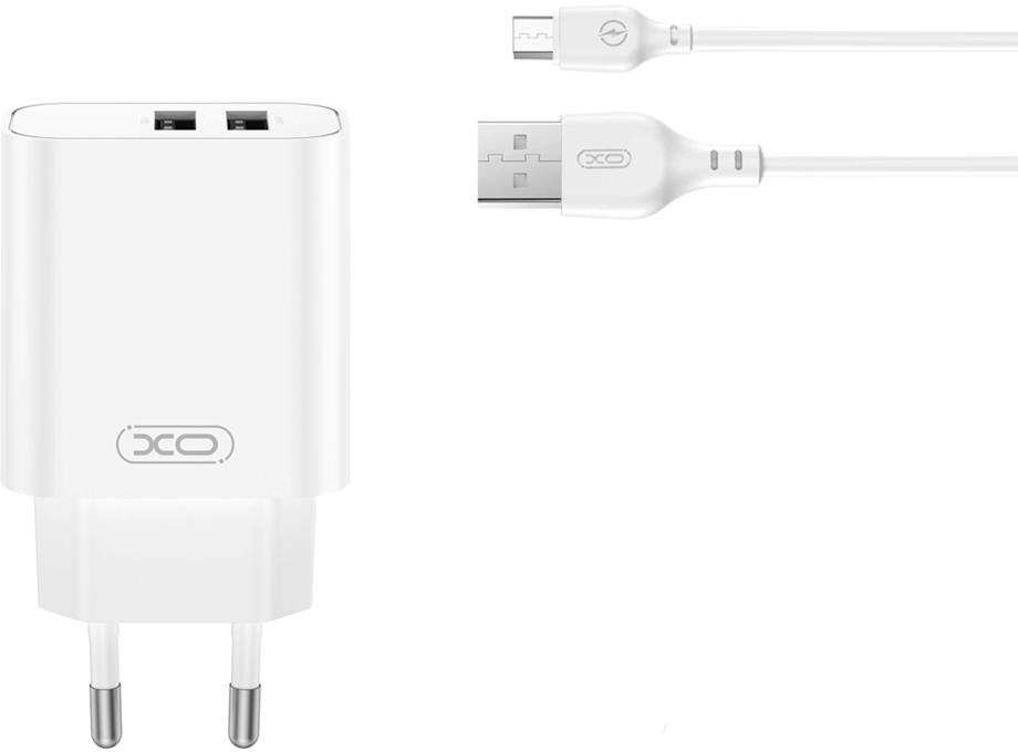 Netwerkoplader met microUSB-kabel XO Design CE34, 12W, 2.4A, 2 x USB-A, Wit
