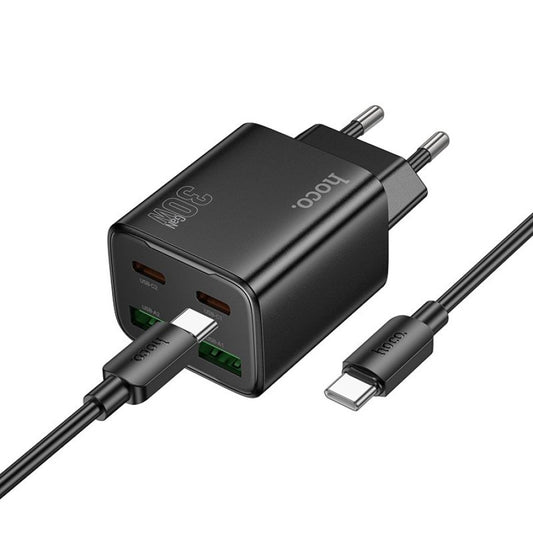 Chargeur réseau avec câble USB-C HOCO N56, 30W, 3A, 2 x USB-A - 2 x USB-C, Noir