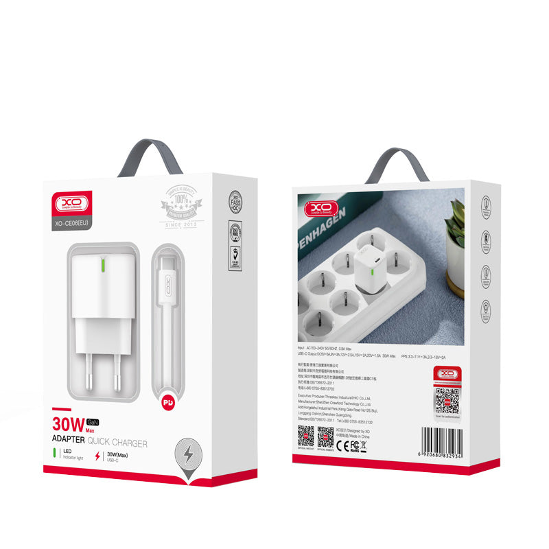 Chargeur réseau avec câble USB-C XO Design CE06, 30W, 3A, 1 x USB-C, Blanc