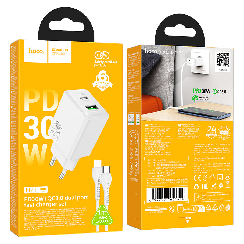 Netwerkoplader met USB-C Kabel HOCO N71, 30W, 3A, 1 x USB-A - 1 x USB-C, Wit