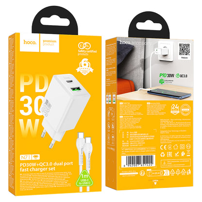 Netwerkoplader met USB-C Kabel HOCO N71, 30W, 3A, 1 x USB-A - 1 x USB-C, Wit