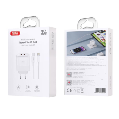 Netwerkoplader met Lightning-kabel XO Design L140, 35W, 3A, 2 x USB-C, Wit
