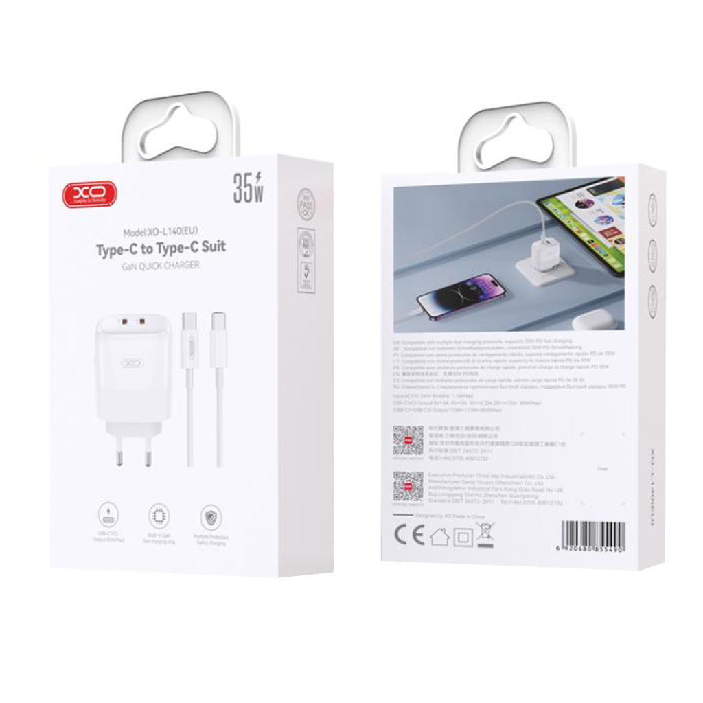 Netwerkoplader met USB-C Kabel XO Design L140, 35W, 3A, 2 x USB-C, Wit