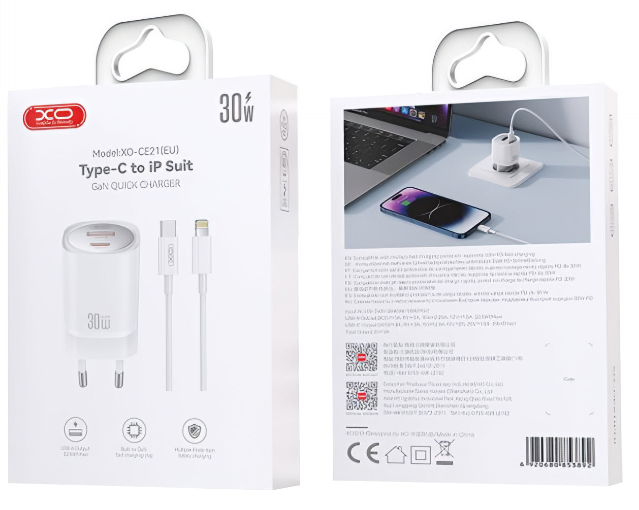 Netzladegerät mit Lightning-Kabel XO Design CE21, 30W, 3A, 1 x USB-A - 1 x USB-C, Weiß