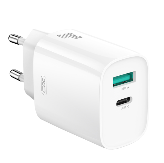 Chargeur réseau avec câble Lightning XO Design CE30, 30W, 3A, 1 x USB-A - 1 x USB-C, Blanc