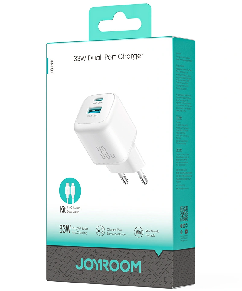 Netwerkoplader met Lightning-kabel Joyroom JR-TG7, 33W, 3A, 1 x USB-A - 1 x USB-C, Wit