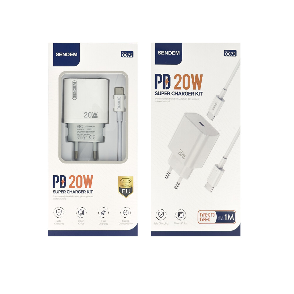 Netzteil mit USB-C-Kabel Sendem OG73, 20W, 3A, 1 x USB-C, Weiß