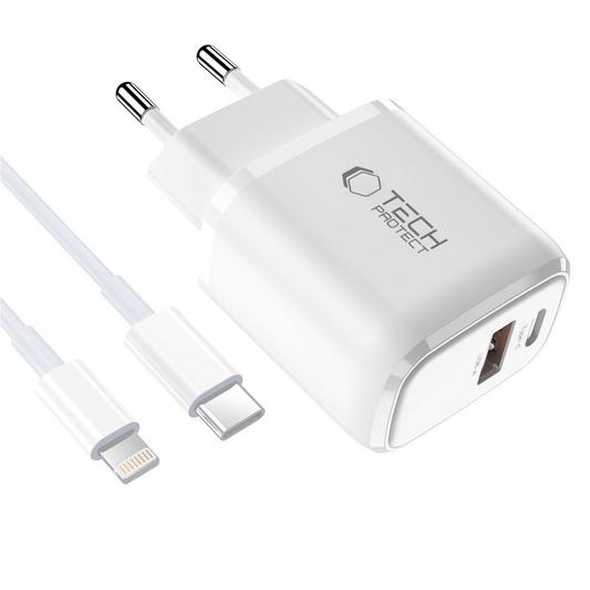 Netlader met Lightning-kabel Tech-Protect NCA20, 20W, 3A, 1 x USB-A - 1 x USB-C, Wit