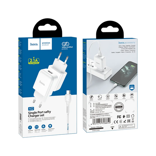Netwerkoplader met microUSB-kabel HOCO N3, 18W, 3A, 1 x USB-A, Wit