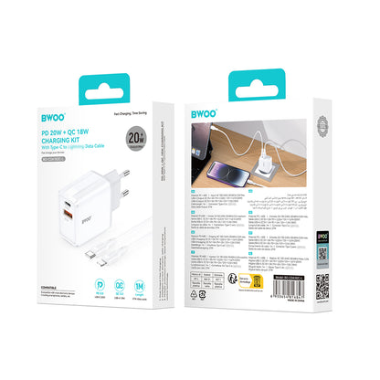 Chargeur Secteur Avec Câble Lightning BWOO CDA182, 38W, 3A, 1 x USB-A - 1 x USB-C, Blanc