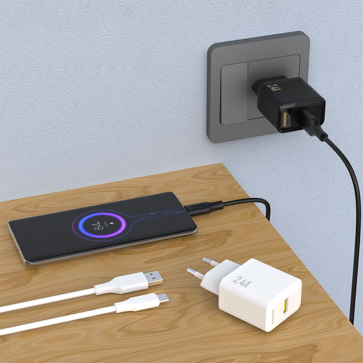 Netlader met USB-C-kabel Dudao A23TEU, 12W, 2.4A, 1 x USB-A, Wit