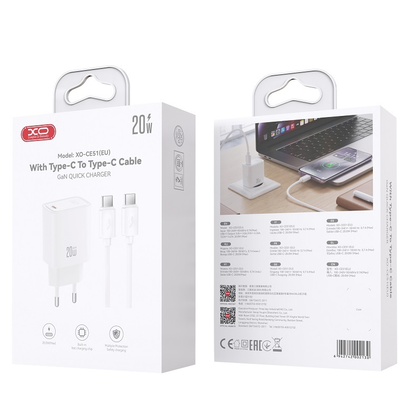 XO Design CE51-netlader met USB-C-kabel, 20 W, 3 A, 1 x USB-C, wit