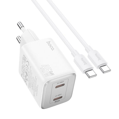 Chargeur réseau avec câble USB-C HOCO N42, 45W, 3A, 2 x USB-C, blanc 