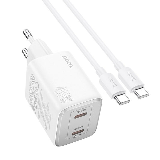 Netwerkoplader met USB-C kabel HOCO N42, 45W, 3A, 2 x USB-C, Wit 