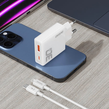 Dudao A30EUL Chargeur réseau avec câble Lightning, 30W, 3A, 1 x USB-A - 1 x USB-C, blanc 