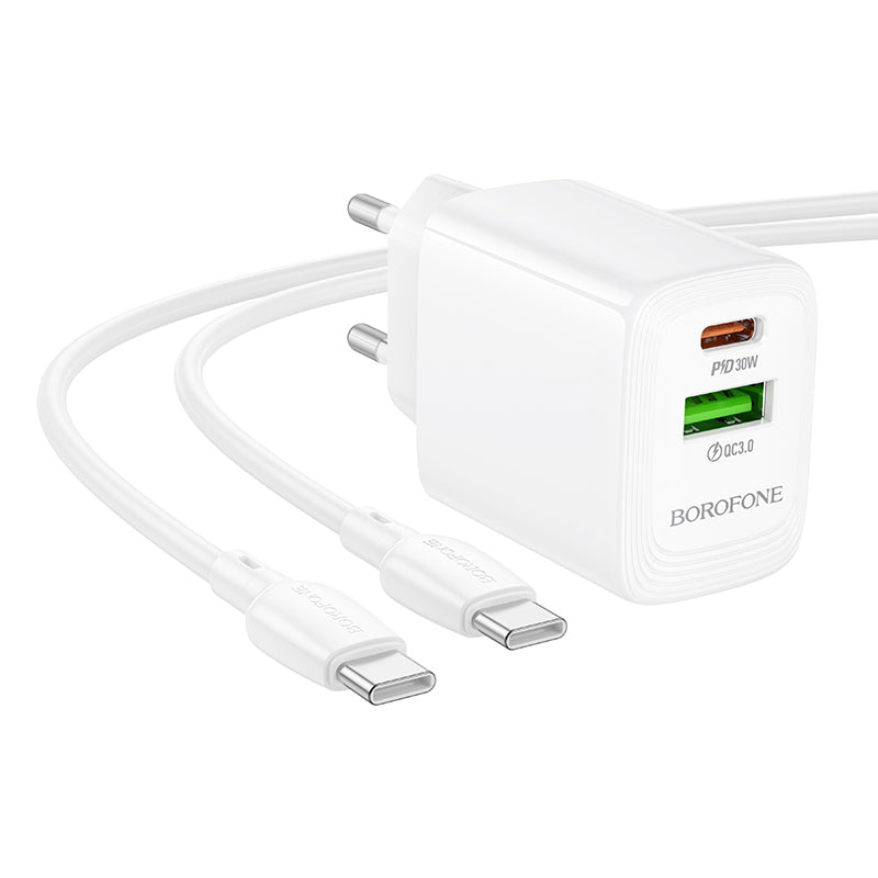 Netwerkoplader met USB-C Kabel Borofone BN29 Fuente, 30W, 3A, 1 x USB-A - 1 x USB-C, Wit