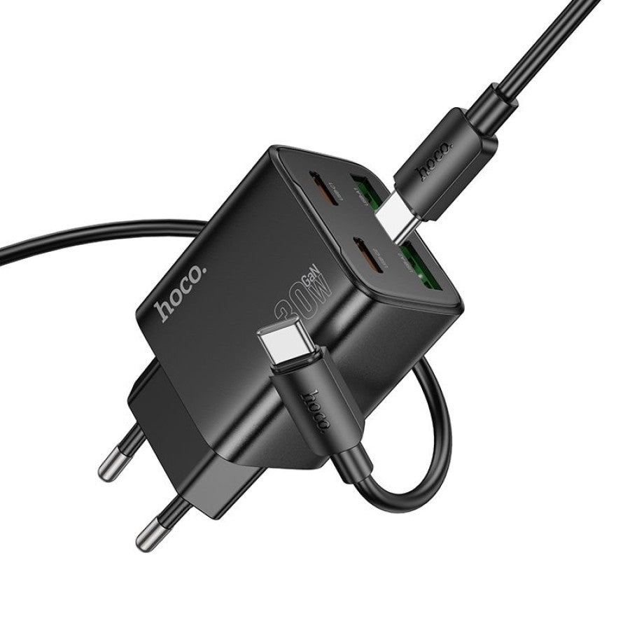 Chargeur réseau avec câble USB-C HOCO N56, 30W, 3A, 2 x USB-A - 2 x USB-C, Noir