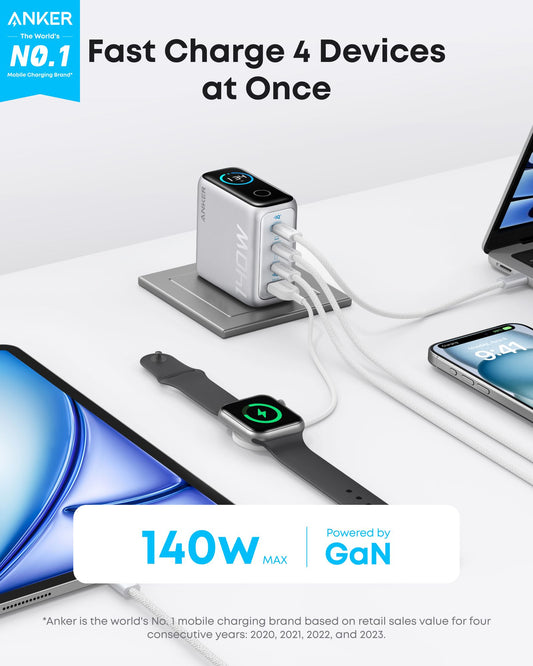 Chargeur Réseau avec Câble USB-C Anker Zolo, 140W, 5A, 1 x USB-A - 3 x USB-C, Argenté B2697G41