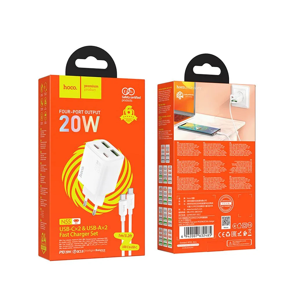 Netzladegerät mit USB-C Kabel HOCO N55, 20W, 3A, 2 x USB-A - 2 x USB-C, Weiß