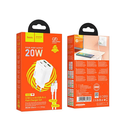 Netzladegerät mit USB-C Kabel HOCO N55, 20W, 3A, 2 x USB-A - 2 x USB-C, Weiß