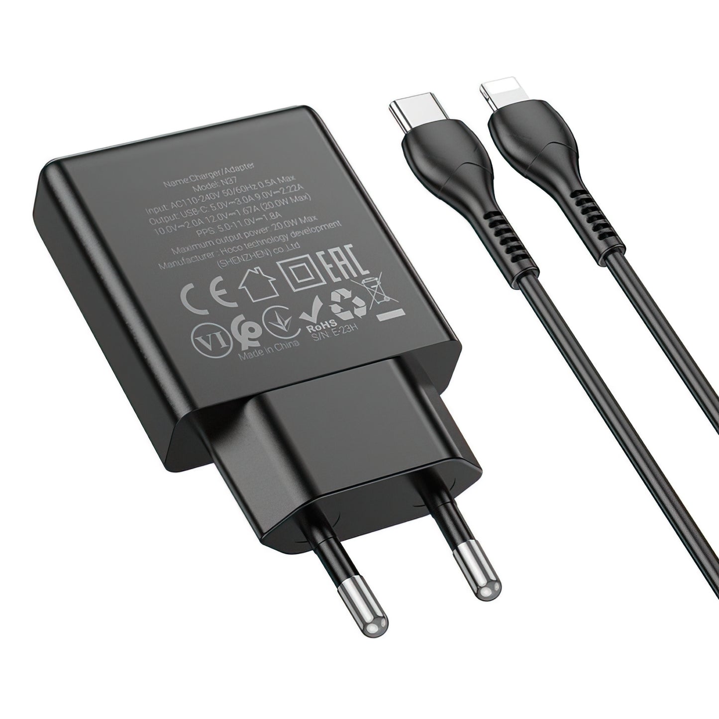 Netwerkoplader met Lightning Kabel HOCO N37, 30W, 3A, 1 x USB-C, Zwart
