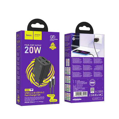 Netwerkoplader met Lightning-kabel HOCO N55, 20W, 3A, 2 x USB-A - 2 x USB-C, Zwart