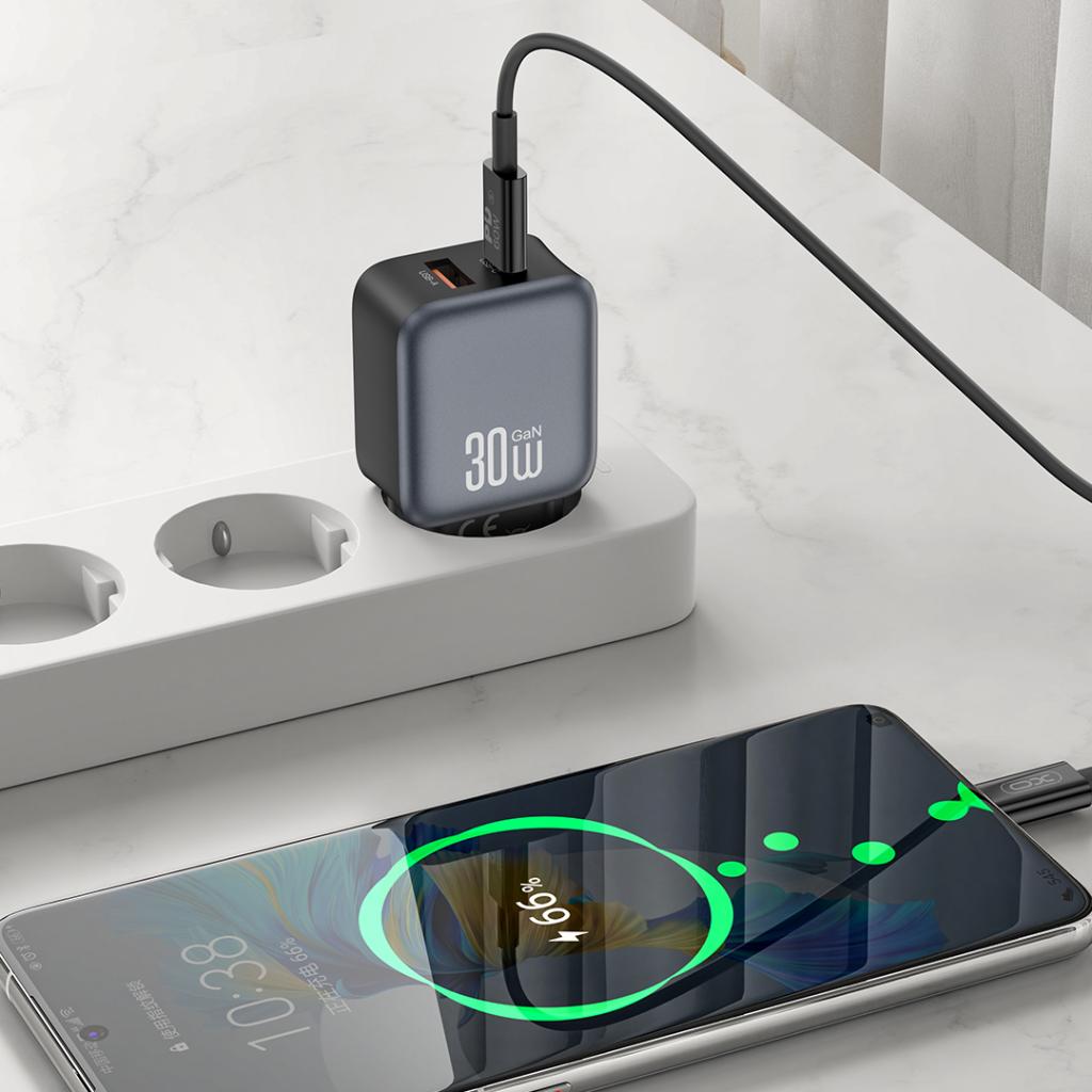 Netwerkoplader met USB-C Kabel XO Design L156, 30W, 3A, 1 x USB-A - 1 x USB-C, Zwart