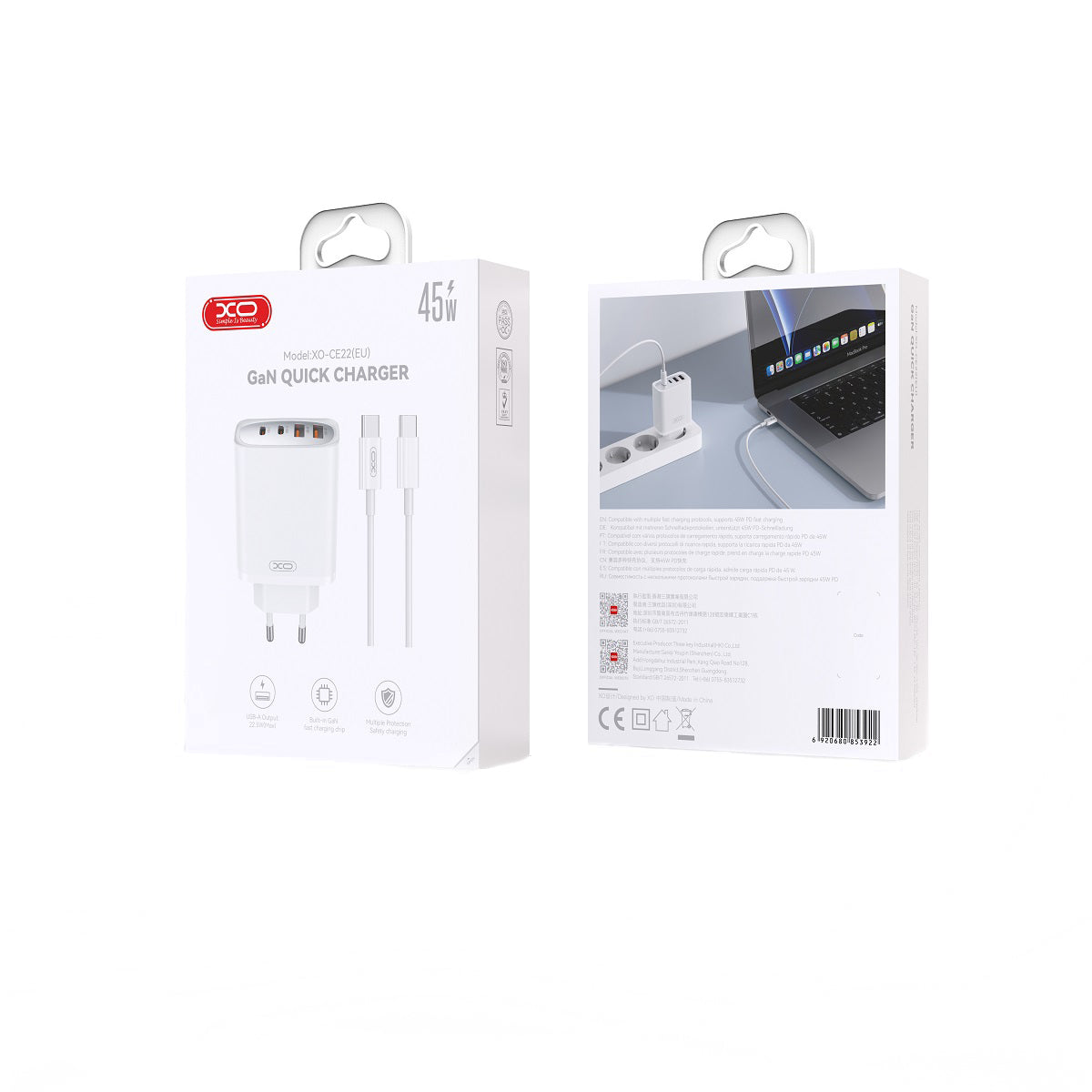 Netwerkoplader met USB-C Kabel XO Design CE22, 45W, 3A, 2 x USB-A - 2 x USB-C, Wit