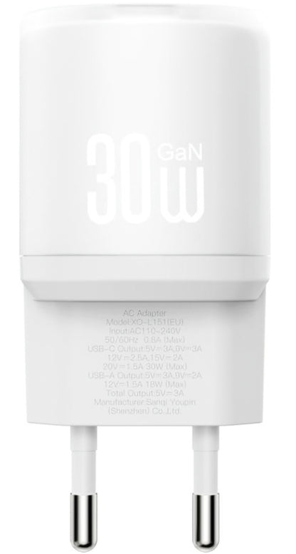 Chargeur réseau avec câble Lightning XO Design L151, 30W, 3A, 1 x USB-A - 1 x USB-C, Blanc
