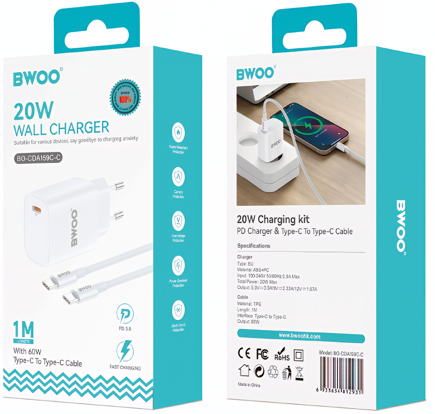 Netwerkoplader met USB-C Kabel BWOO CDA159, 20W, 3A, 1 x USB-C, Wit