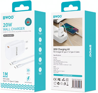 Netwerkoplader met USB-C Kabel BWOO CDA159, 20W, 3A, 1 x USB-C, Wit