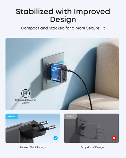 Chargeur réseau avec câble USB-C Anker Nano, 70W, 3.5A, 1 x USB-A - 2 x USB-C, Gris B121A311