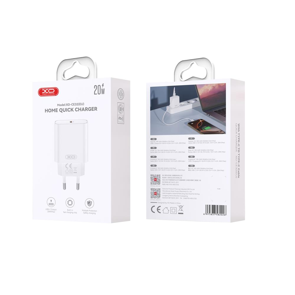 Netwerkoplader met USB-C Kabel XO Design CE32, 20W, 3A, 1 x USB-C, Wit