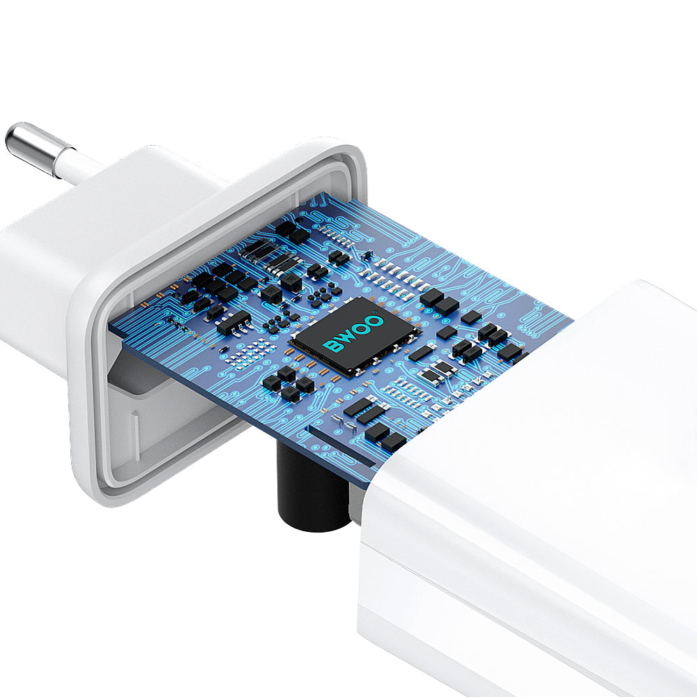 Chargeur Secteur Avec Câble Lightning BWOO CDA182, 38W, 3A, 1 x USB-A - 1 x USB-C, Blanc