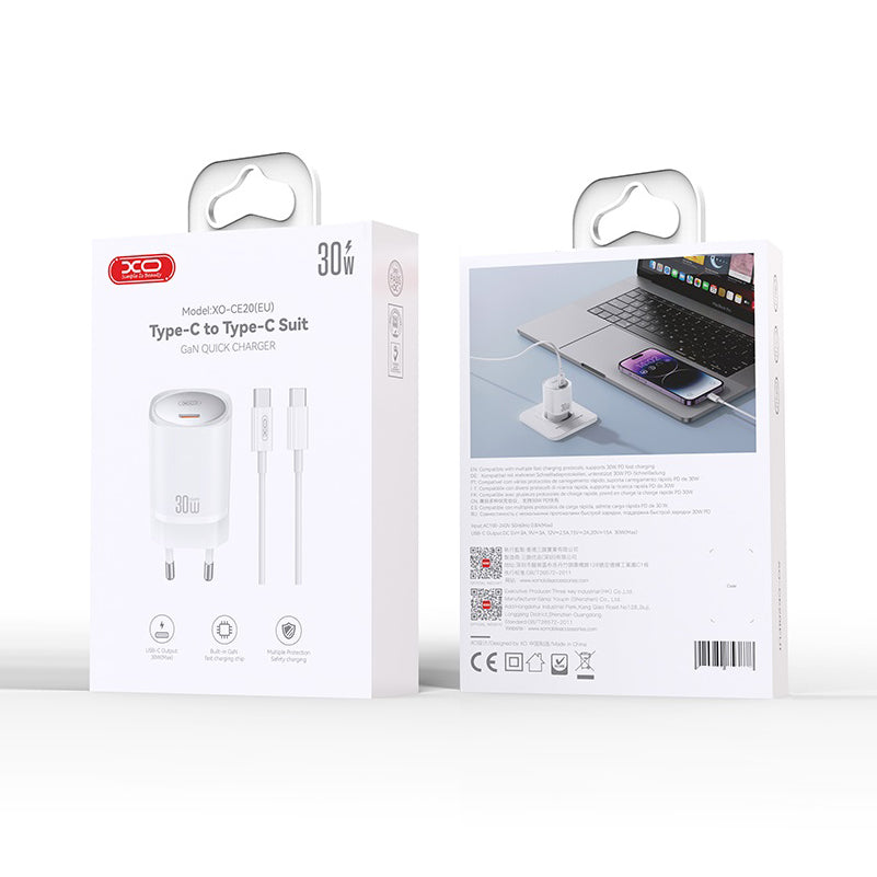 XO Design CE20, 30W, 3A, 1 x USB-C, 1 x USB-C, Blanc 