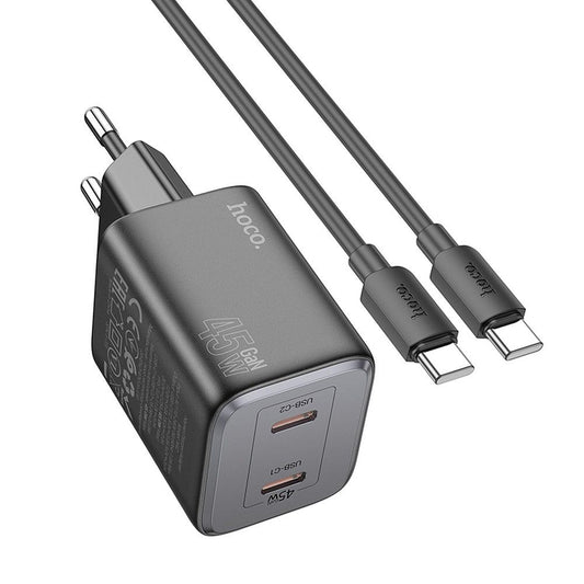 Chargeur réseau avec câble USB-C HOCO N42, 45W, 3A, 2 x USB-C, noir 