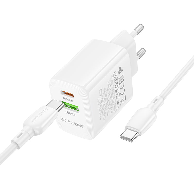 Netwerkoplader met USB-C Kabel Borofone BN29 Fuente, 30W, 3A, 1 x USB-A - 1 x USB-C, Wit