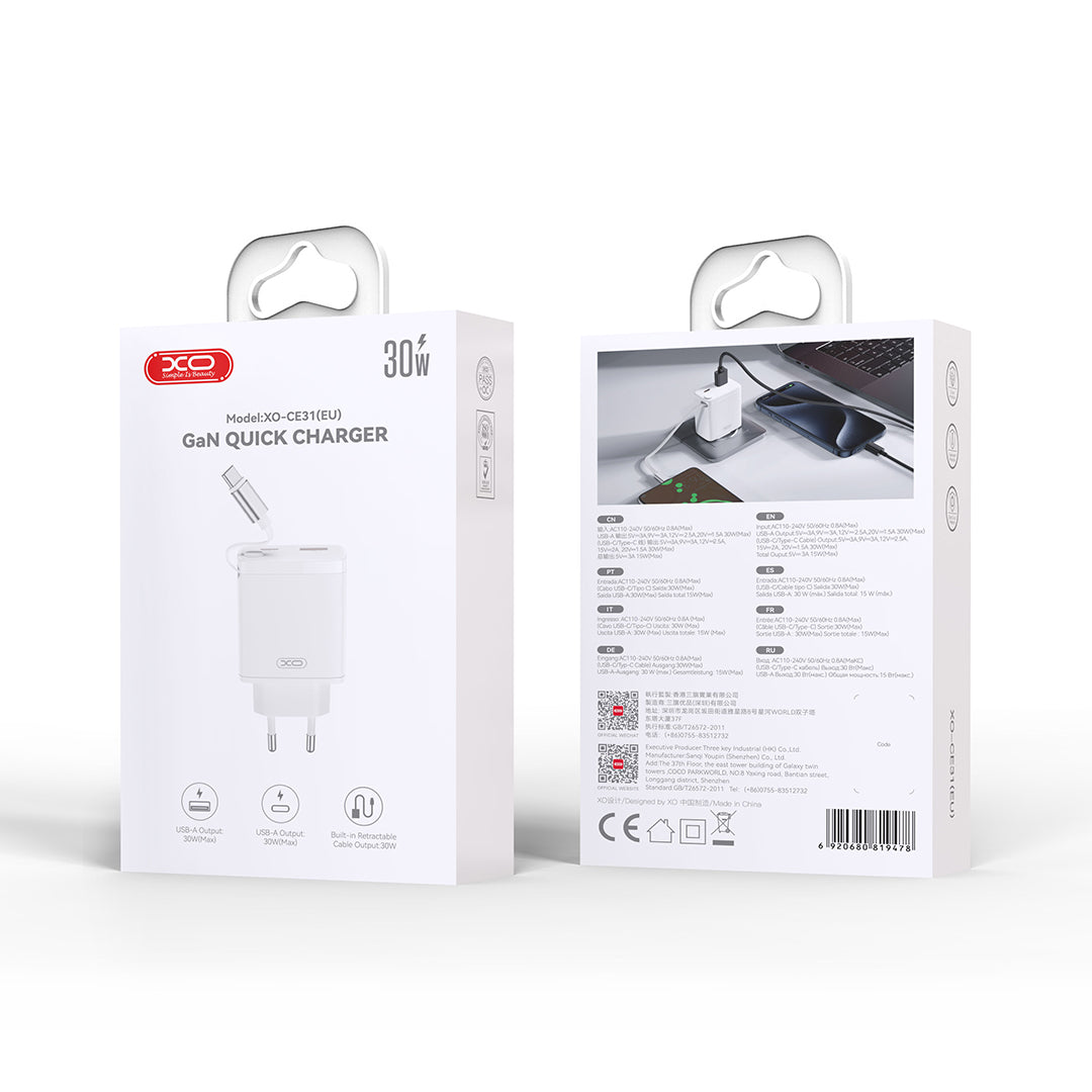 Netwerkoplader met USB-C Kabel XO Design CE31, 30W, 3A, 1 x USB-A - 1 x USB-C, Wit