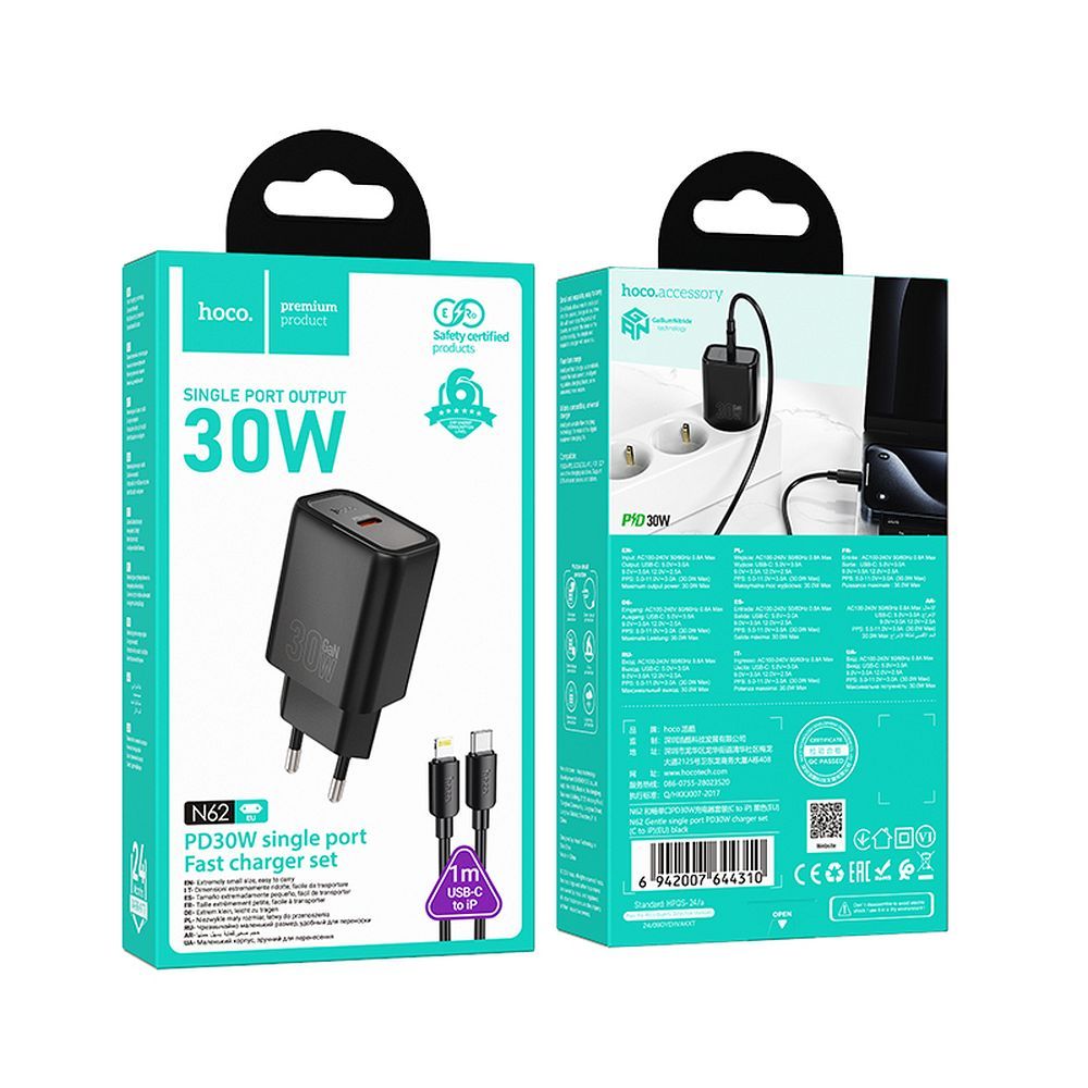 Netwerkoplader met Lightning-kabel HOCO N62, 30W, 3A, 1 x USB-C, Zwart