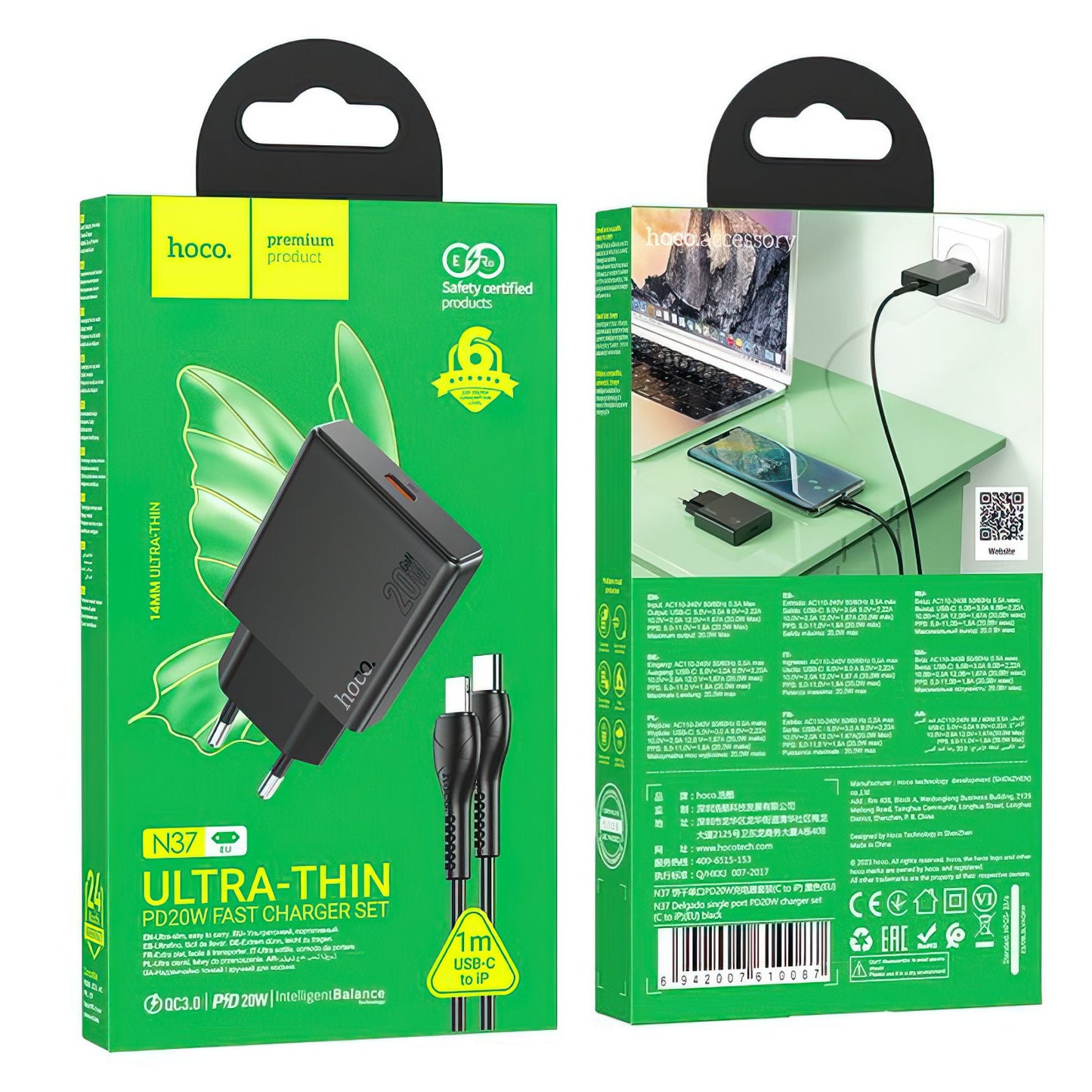 Netwerkoplader met Lightning Kabel HOCO N37, 30W, 3A, 1 x USB-C, Zwart